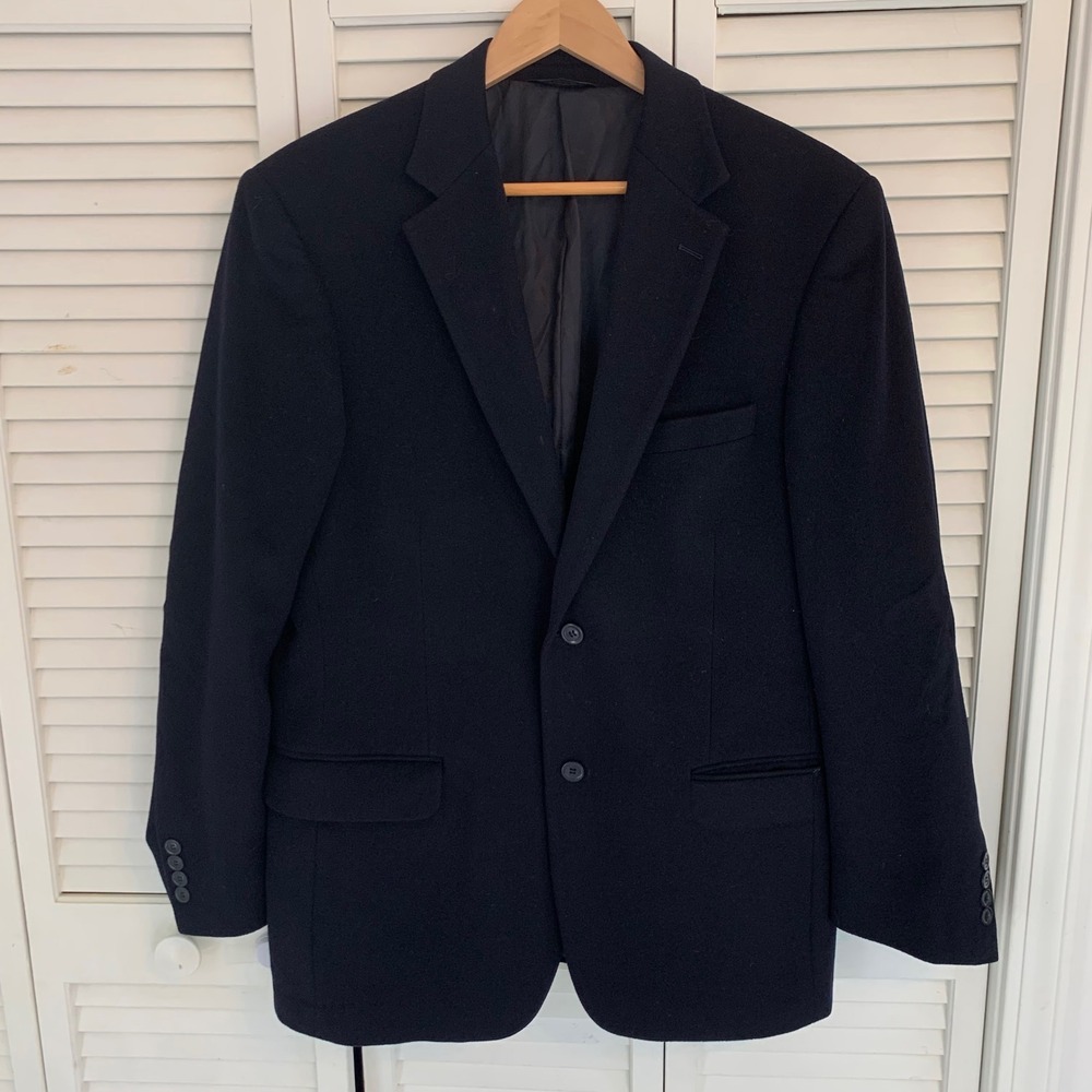 Andrew Fezza Mens 100% Cashmere Blazer Sport Coat Navy Blue 40R‎ Shoulder Pads
